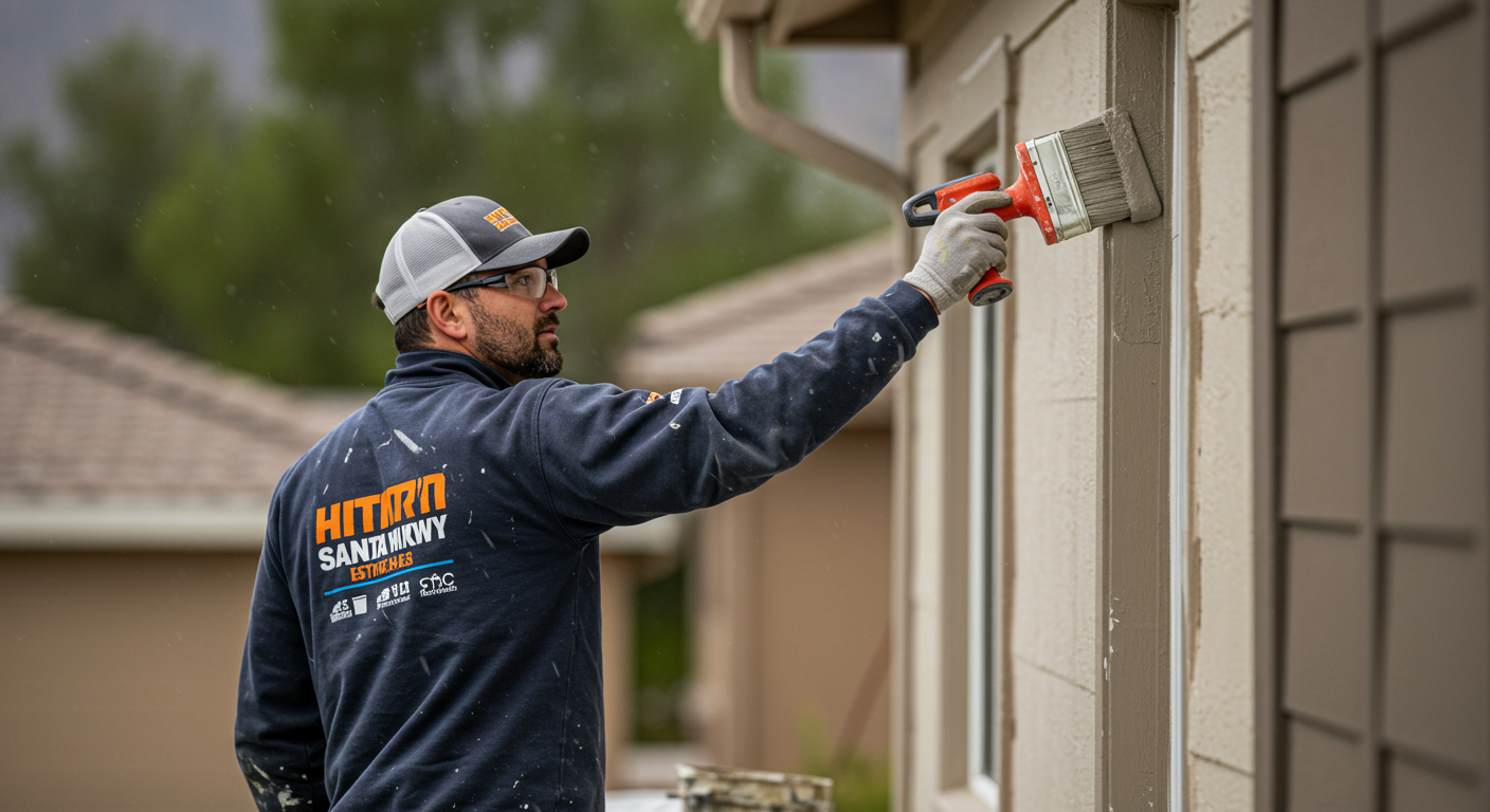 A professional painter in a Santa Maria neighborhood, carefully applying a fresh coat of paint to a home's exterior.