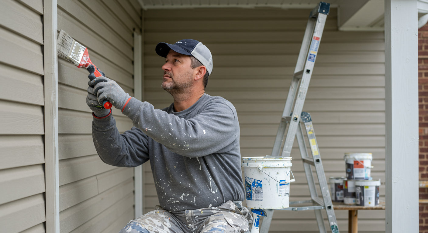 A professional painter in action, applying a fresh coat of paint to the exterior of a home.