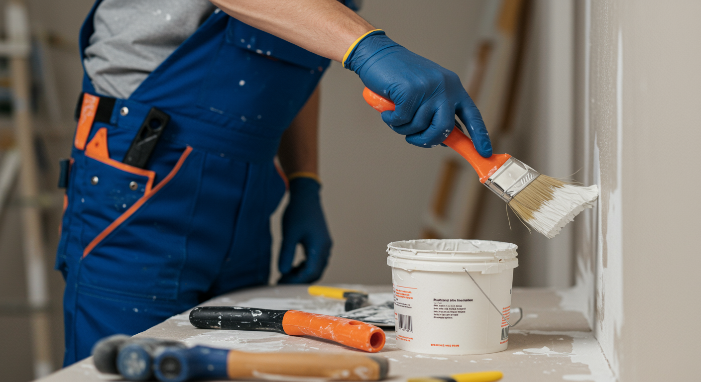 A close-up shot of a professional painter carefully applying paint to a wall, focusing on the precision and quality of the work. The background features well-organized painting tools and a clean workspace, emphasizing professionalism.