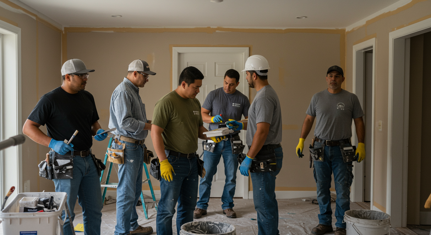 A diverse team of professional painters collaborating on an interior project in a Madera home.